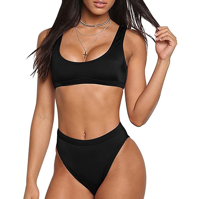 Dixperfect Two Pieces Bikini Sets Swimsuit Sports Style Low Scoop Crop Top High Waisted High Cut ... | Amazon (US)