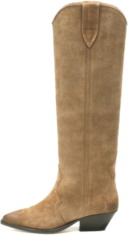 YIYA Women's Western Cowboy Knee High Boots Classic Pointed Toe Chunky Low Heels Cowgirl Pull On Boots | Amazon (US)