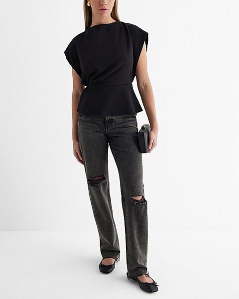 Crew Neck Short Sleeve Draped Peplum Top | Express