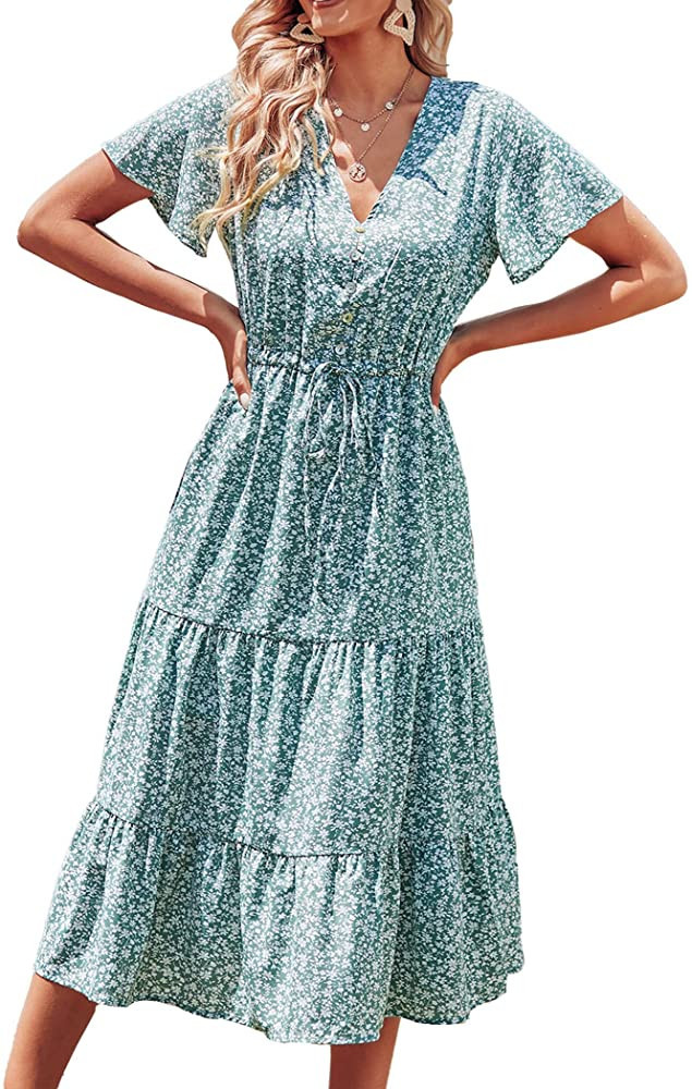 PRETTYGARDEN Women's Floral Boho Dress Casual Short Sleeve V Neck Ruffle Tiered 2023 Summer Swing... | Amazon (US)