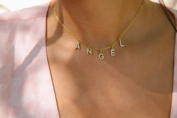 Custom Letter Name Necklace, CZ Crystal Name Necklace, word monogram necklace, cubic zirconia dia... | Etsy (US)