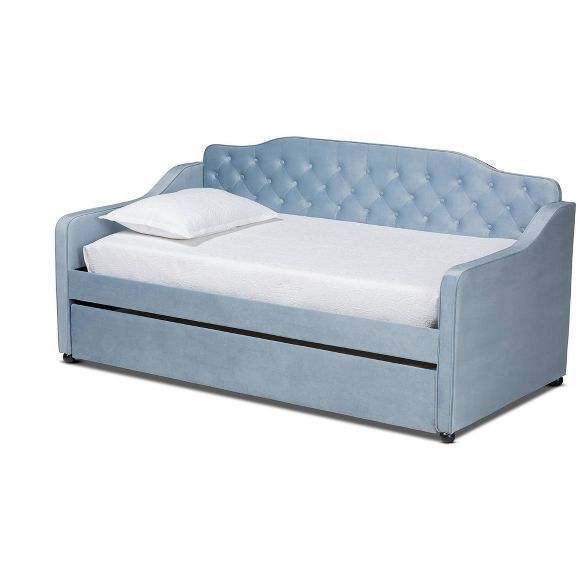 Twin Freda Velvet Tufted Daybed with Trundle Light Blue - Baxton Studio | Target