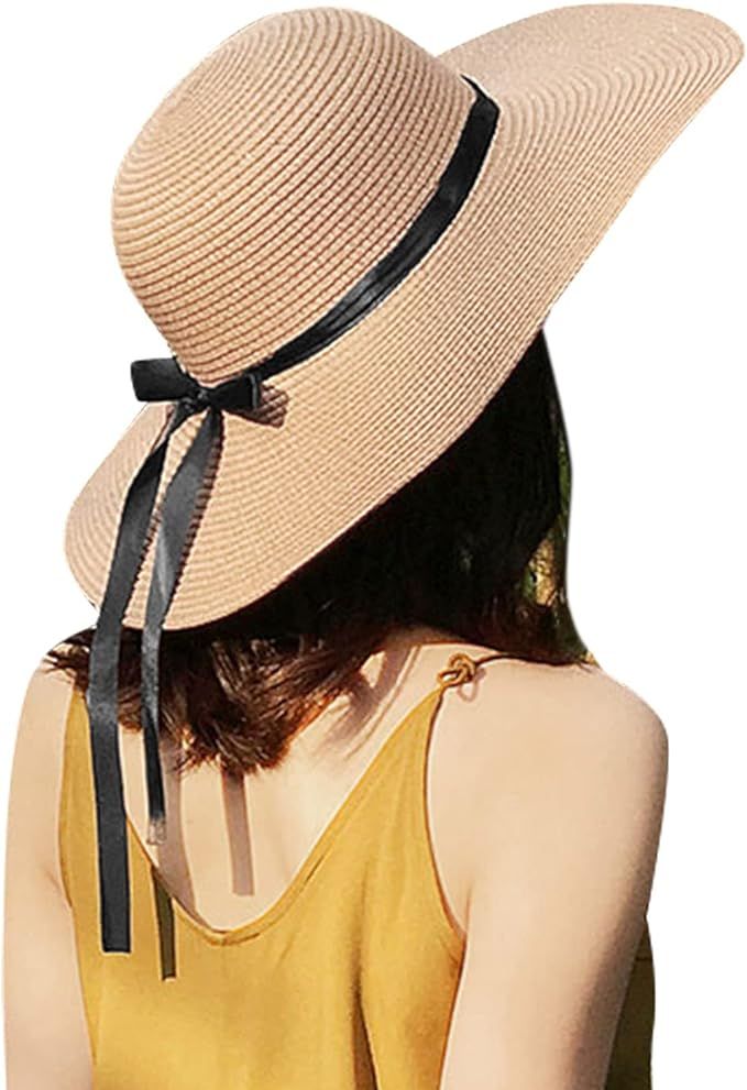 FARVALUE Womens Straw Hat UPF 50+ Wide Brim Floppy Beach Cap Adjustable Sun Hat for Women | Amazon (US)