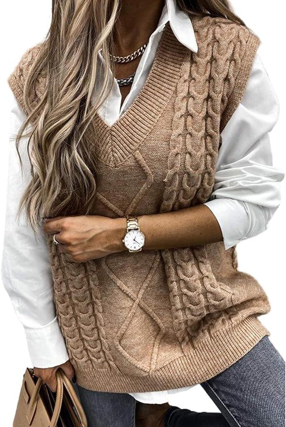 HOTAPEI Sweater Vest Women Oversized V Neck Sleeveless Sweaters Womens Cable Knit Tops | Amazon (US)