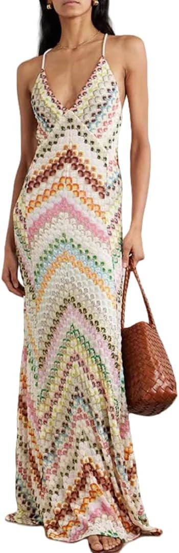 Women Sexy Hollow Beach Long Colorful Striped Printed V Neck Robe Desert Vacation Sleeveless Susp... | Amazon (US)