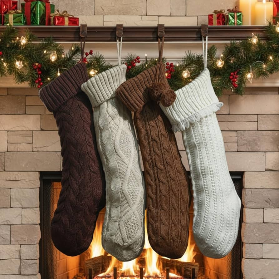 4 Pack Cable Knit Christmas Stockings 18 Inch Farmhouse Large Rustic Neutral Knitted Stockings Or... | Amazon (US)