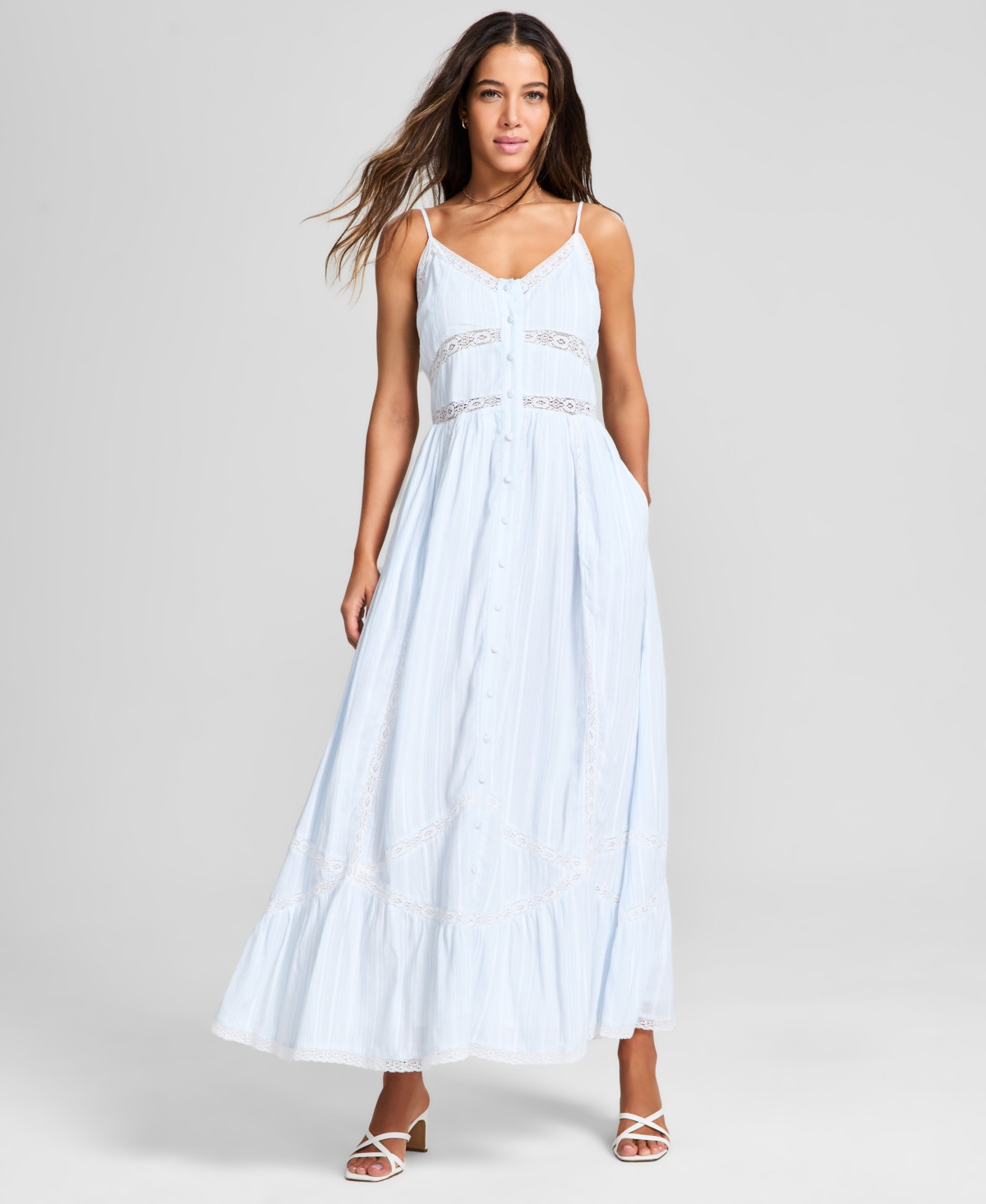And Now This Women's Lace-Inset Fit & Flare Maxi Dress, Exclusively at Macy's - Lt Blue Stripe | Macy's