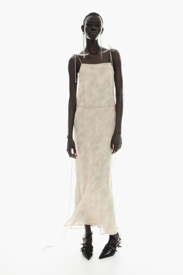 Tie-detail Chiffon Slip Dress - Square Neckline - Sleeveless - Light beige/patterned - Ladies | H... | H&M (US + CA)