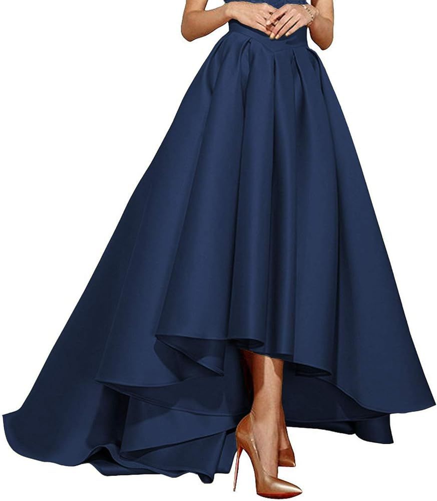 High Low Satin Skirts Pleated Maxi A Line High Waist Formal Prom Skirt Wedding Dress for Women | Amazon (US)