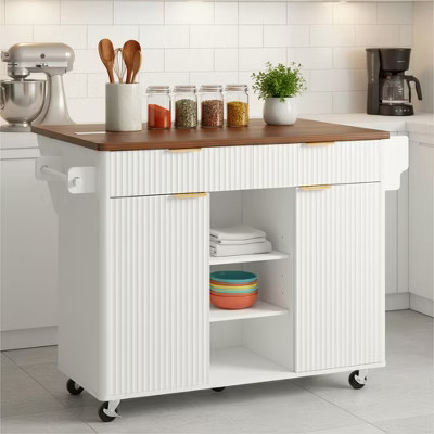 Homy Casa 52" Kitchen Island with Drop Leaf, Power Outlet and Storage Shelves for Home Kitchens, White | Target