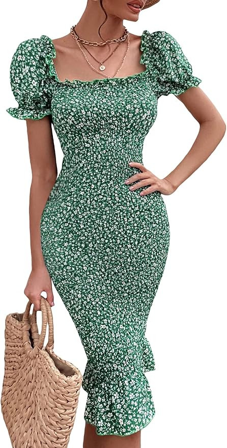 SheIn Women's Floral Shirred Puff Short Sleeve Midi Bodycon Dress Ruffle Frill Trim Square Neck D... | Amazon (US)