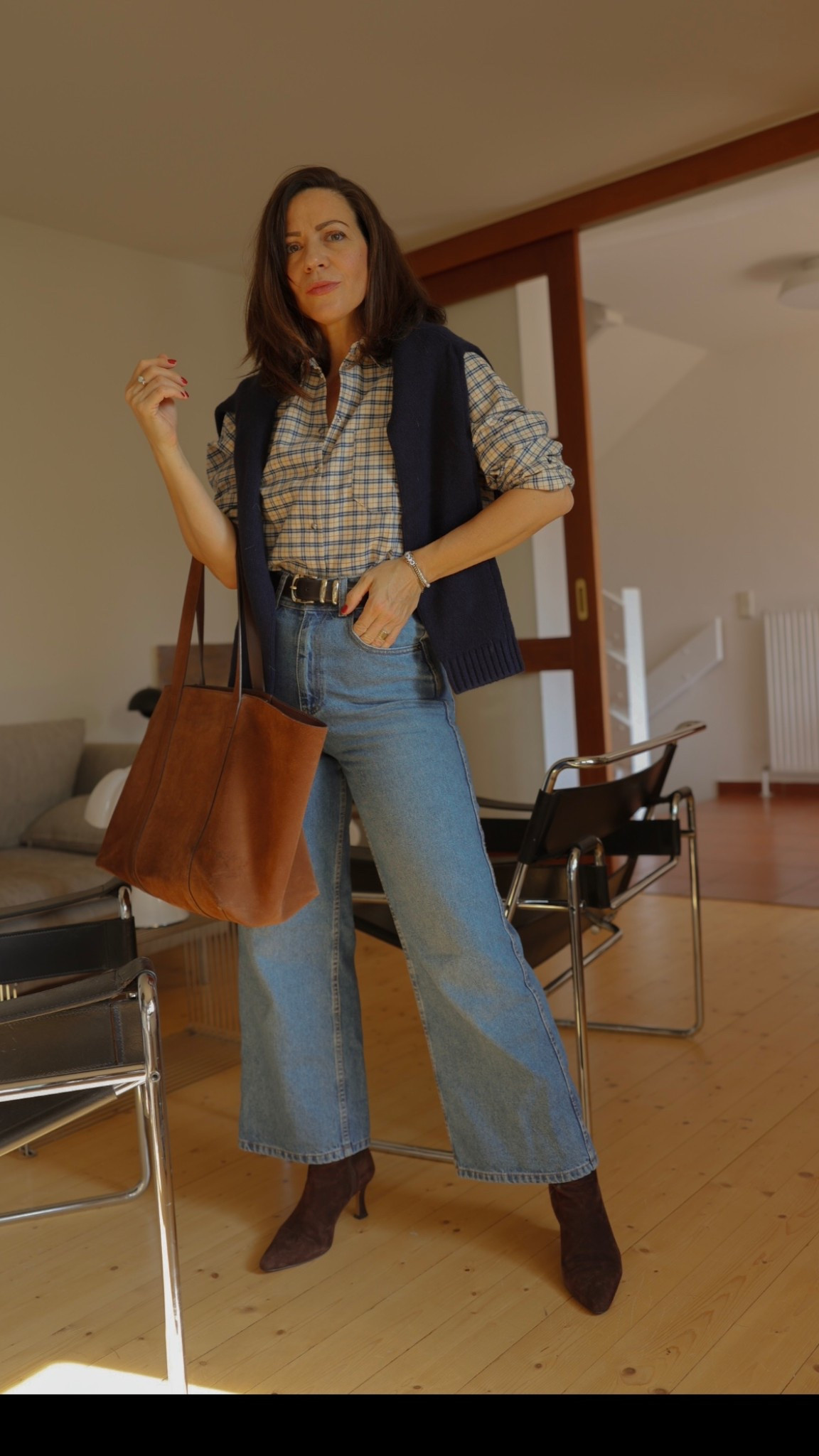 Fall and Winter Look, Outfit idea for a casual Thanksgiving.

Plaid shirt, navy wool sweater over the shoulder, blue denim, brown suede tote, chocolate brown leather belt and dark brown suede ankle boots.

#LTKwinter #LTKpetite #LTKeurope