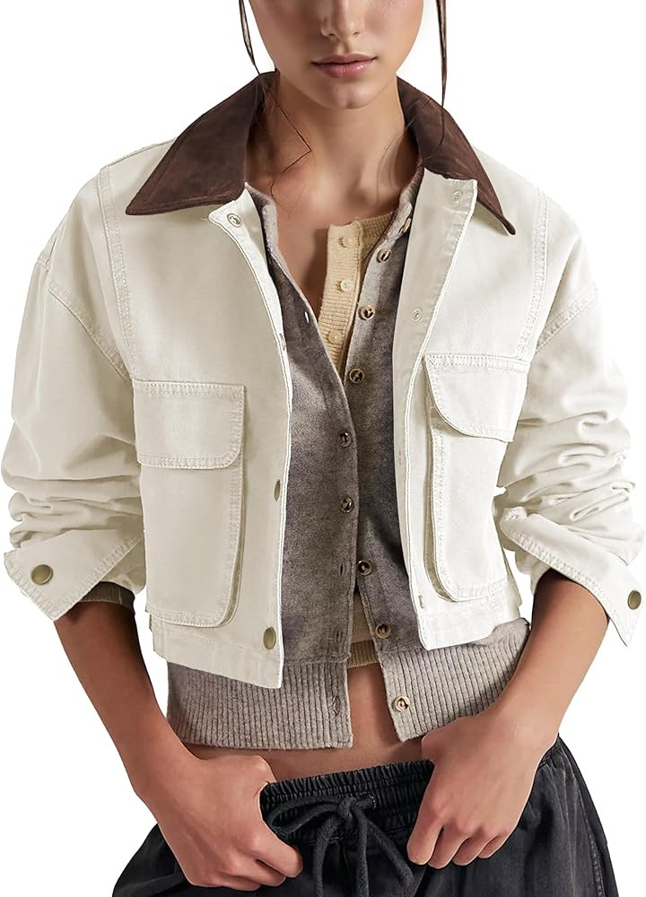 Barn Jackets for Women Contrast Collar Utility Coat Cargo Jacket Cropped Jacket with Pockets Outw... | Amazon (US)