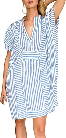 chouyatou Womens Summer Loose Stripe Beach Dress Cover Ups Casual Batwing Sleeve Midi Tunic Shirt... | Amazon (US)