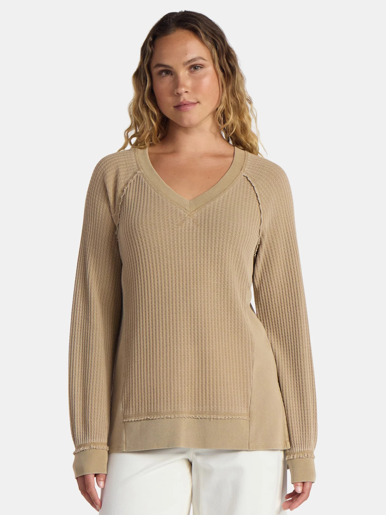 Time and Tru Women's and Women's Plus V Neck Tunic Sweatshirt with Long Sleeves, Sizes XS-4X - Wa... | Walmart (US)