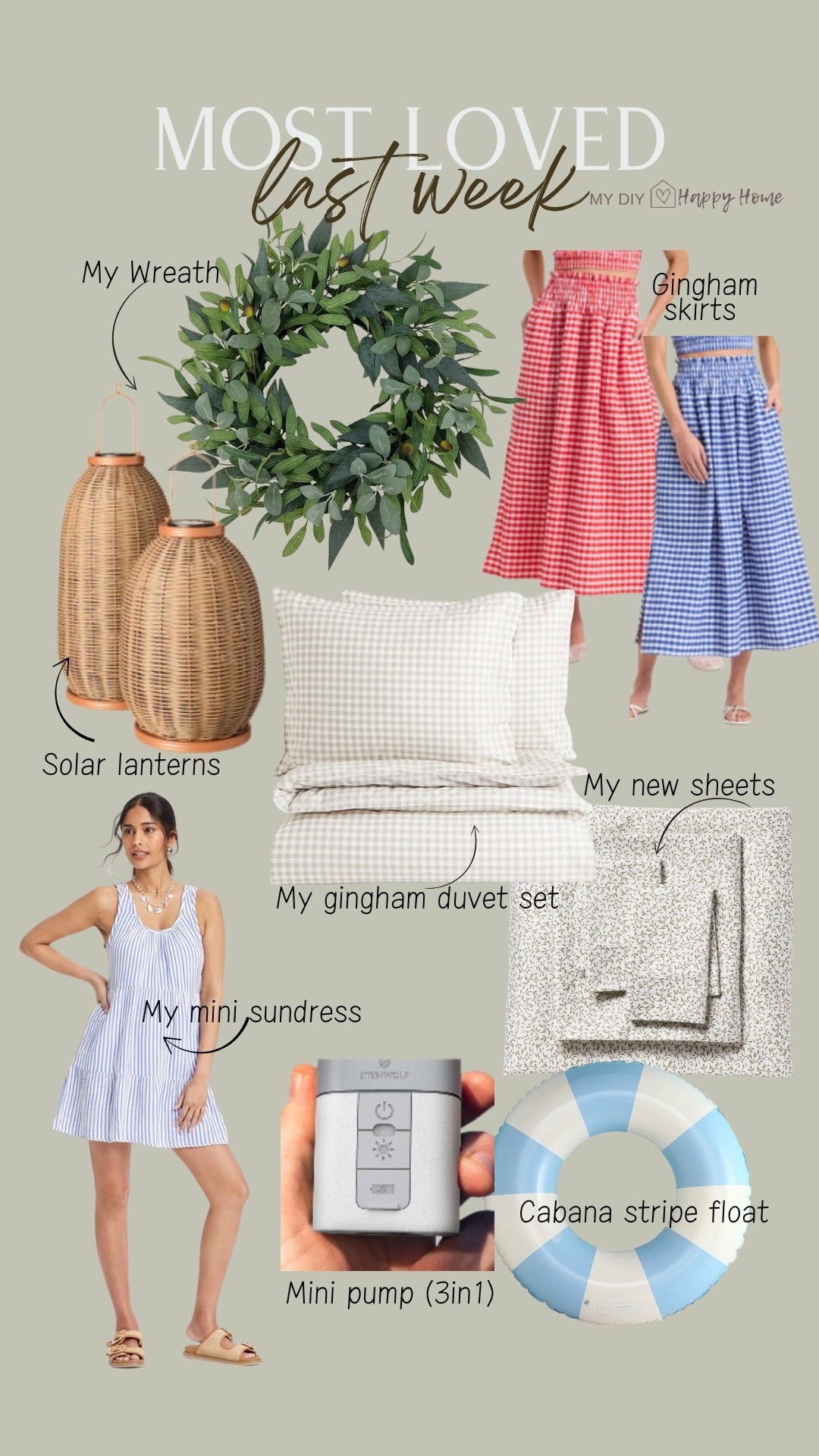 Most loved last week:

Eucalyptus wreath (perfect for all year round)
Woven solar lanterns (2 sizes)
Gingham skirts 
Mini sundress (6 colors)
My gingham duvet set 
My new sheets ( so soft! 😍- and 100% cotton!)
3-in-1 mini pump 
Cabana stripe swim tube 

#LTKSeasonal #LTKHome #LTKStyleTip