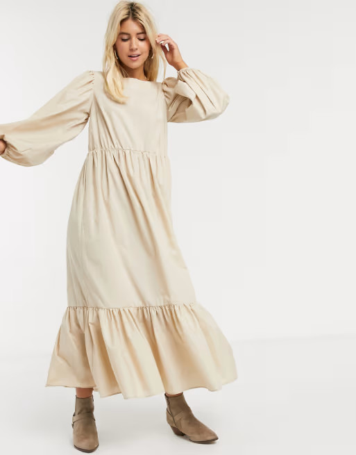 ASOS DESIGN – Lässiges Maxikleid aus Baumwolle mit Puffärmeln, in Stone | ASOS (Global)
