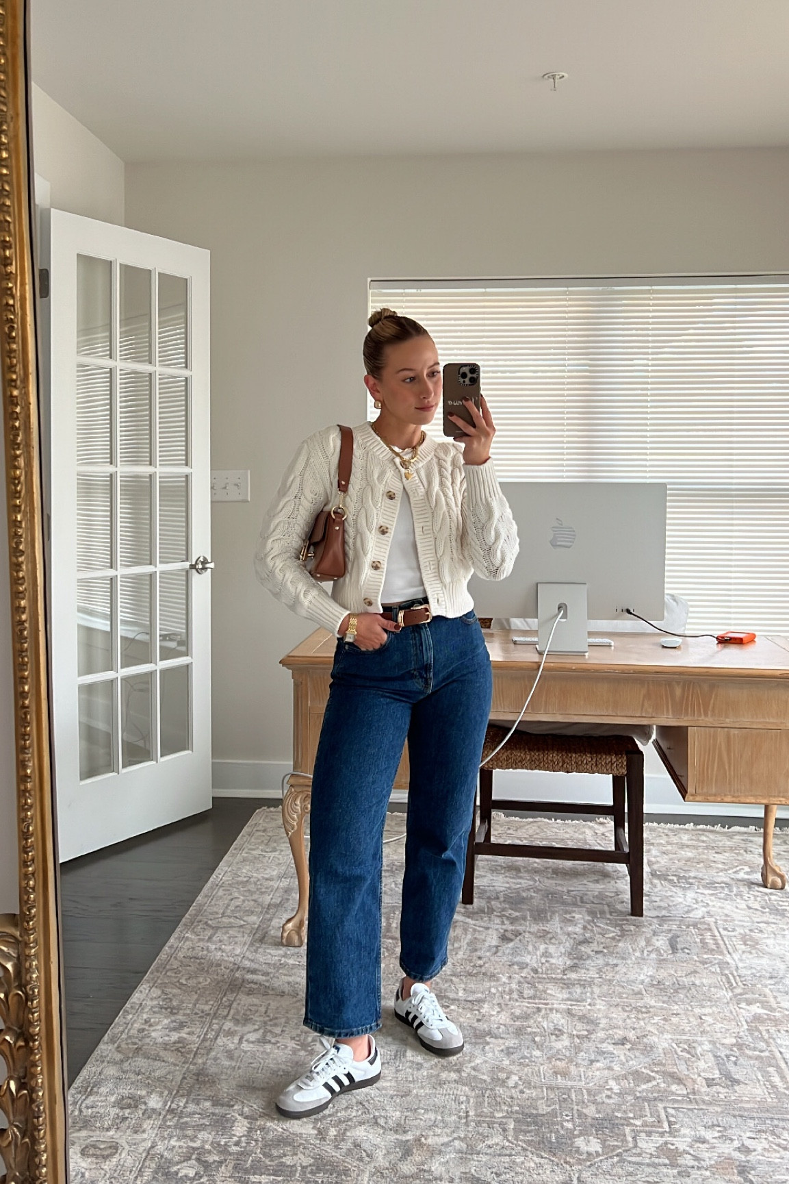 Casual brunch ootd 🫶🏼 brunch outfit, rainy day outfit, fall fashion inspo, fall style inspo, fall outfits, dark wash denim, denim jeans, vintage denim, Adidas samba outfits, Adidas samba outfit ideas, fall brunch outfits, fall sweaters