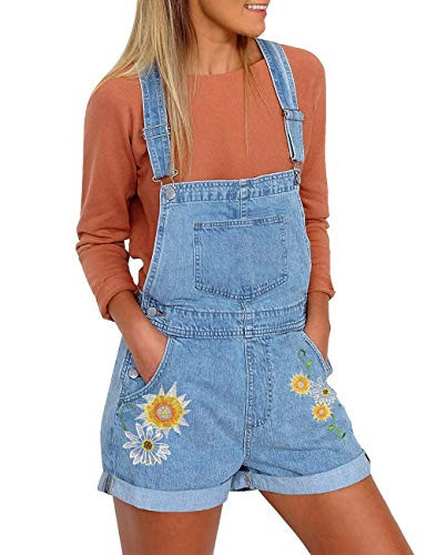 Vetinee Women's Placid Blue Floral Embroidery Classic Adjustable Straps Cuffed Hem Denim Bib Overall Shorts XX-Large (US 20-22) | Amazon (US)