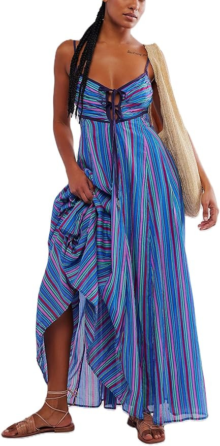 Women Y2k Boho Maxi Dress Tie Front V Neck Cami Flowy Dress Summer Causal Floral Beach Vacation S... | Amazon (US)