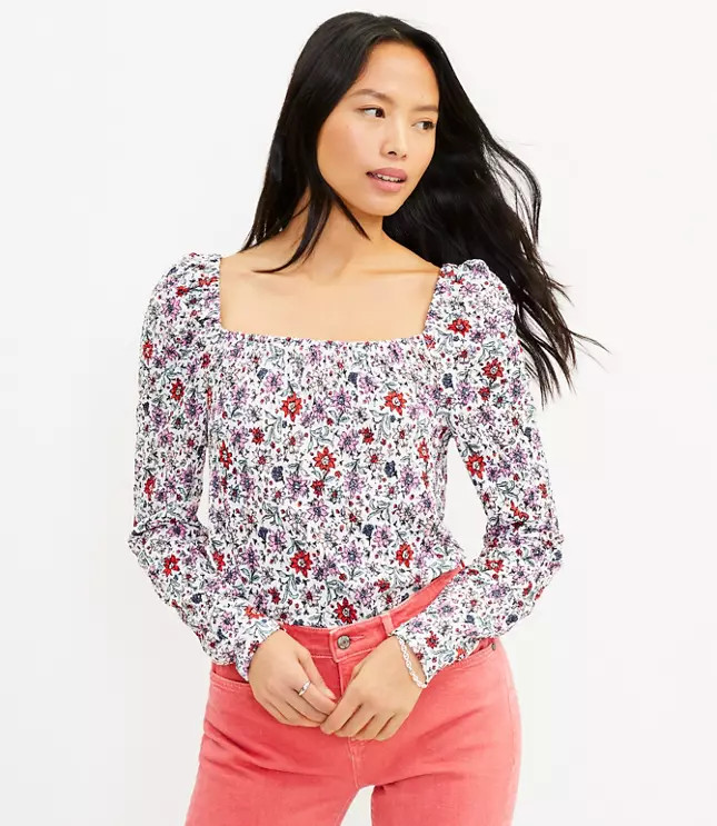 Spring Bloom Smocked Square Neck Top | LOFT