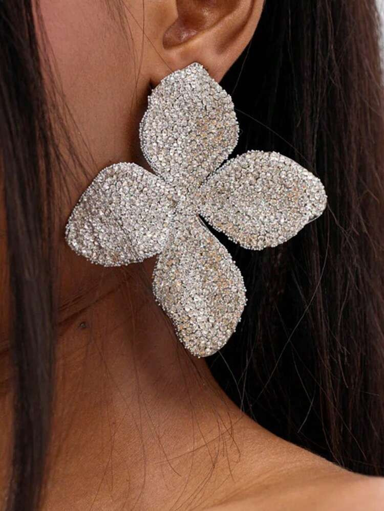 2pcs Flower Design Exaggerated Rhinestone Earrings, Unique Diamond Hoop Earrings, Personalized Accessories For Women | SHEIN