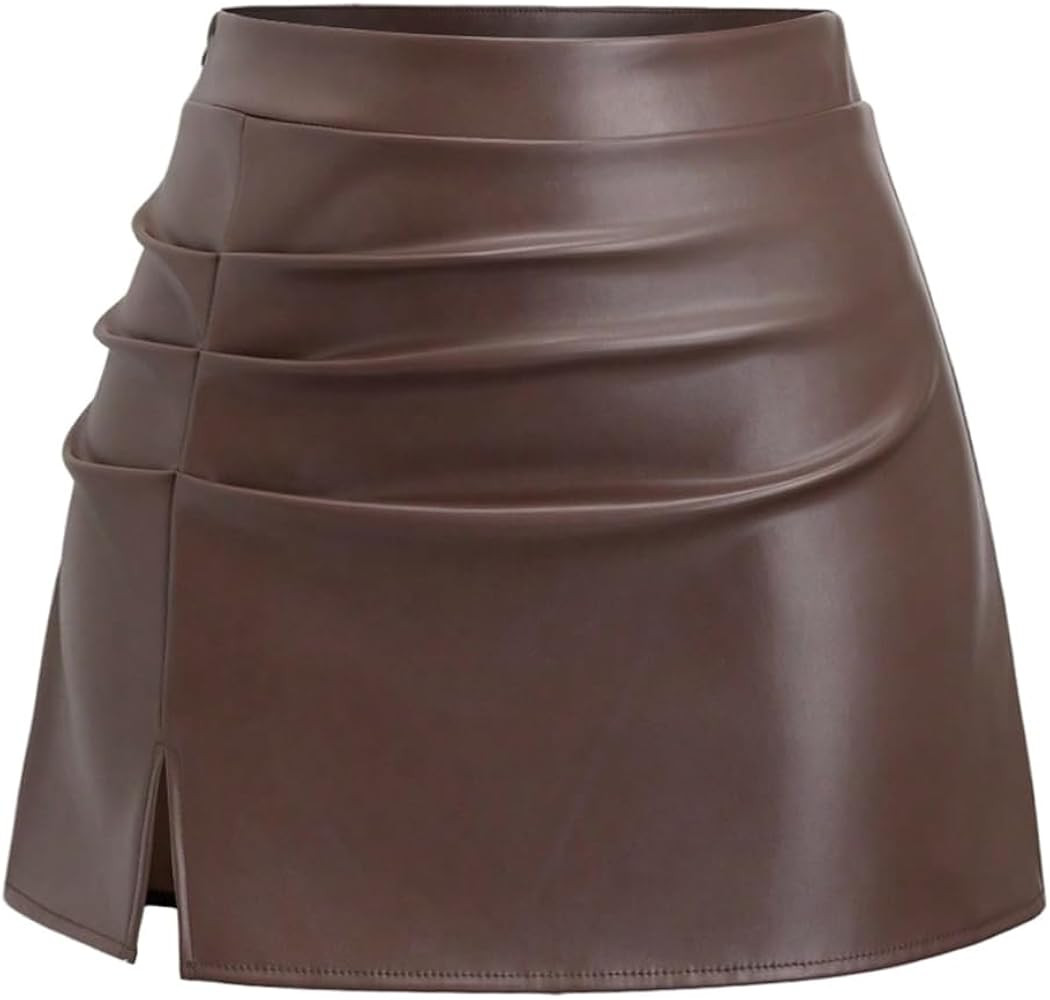 Floerns Women's PU Leather High Waist Mini Skirts Slit Hem Ruched A Line Skirt | Amazon (US)