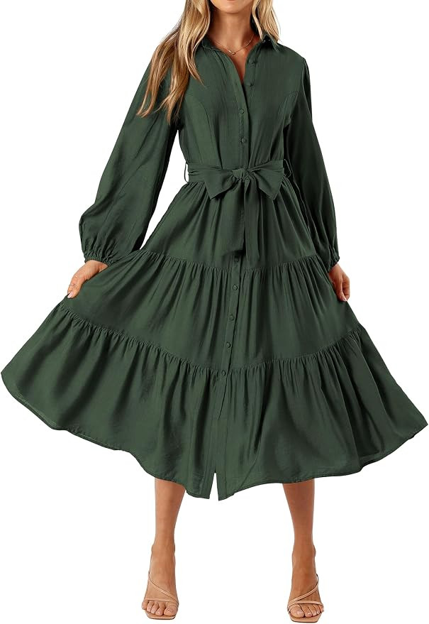 MASCOMODA Womens Dresses Fall Button Long Sleeve Midi Dress | Amazon (US)