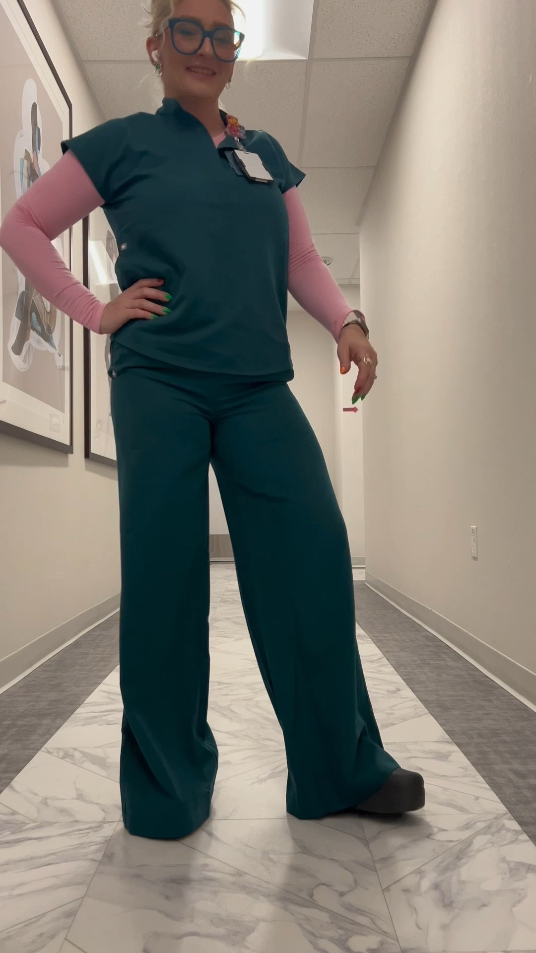 FIGS Forest Green + Amazon Underscrub Combo. Can’t link the Allison wide leg pants or scrub top but found a few that are similar  