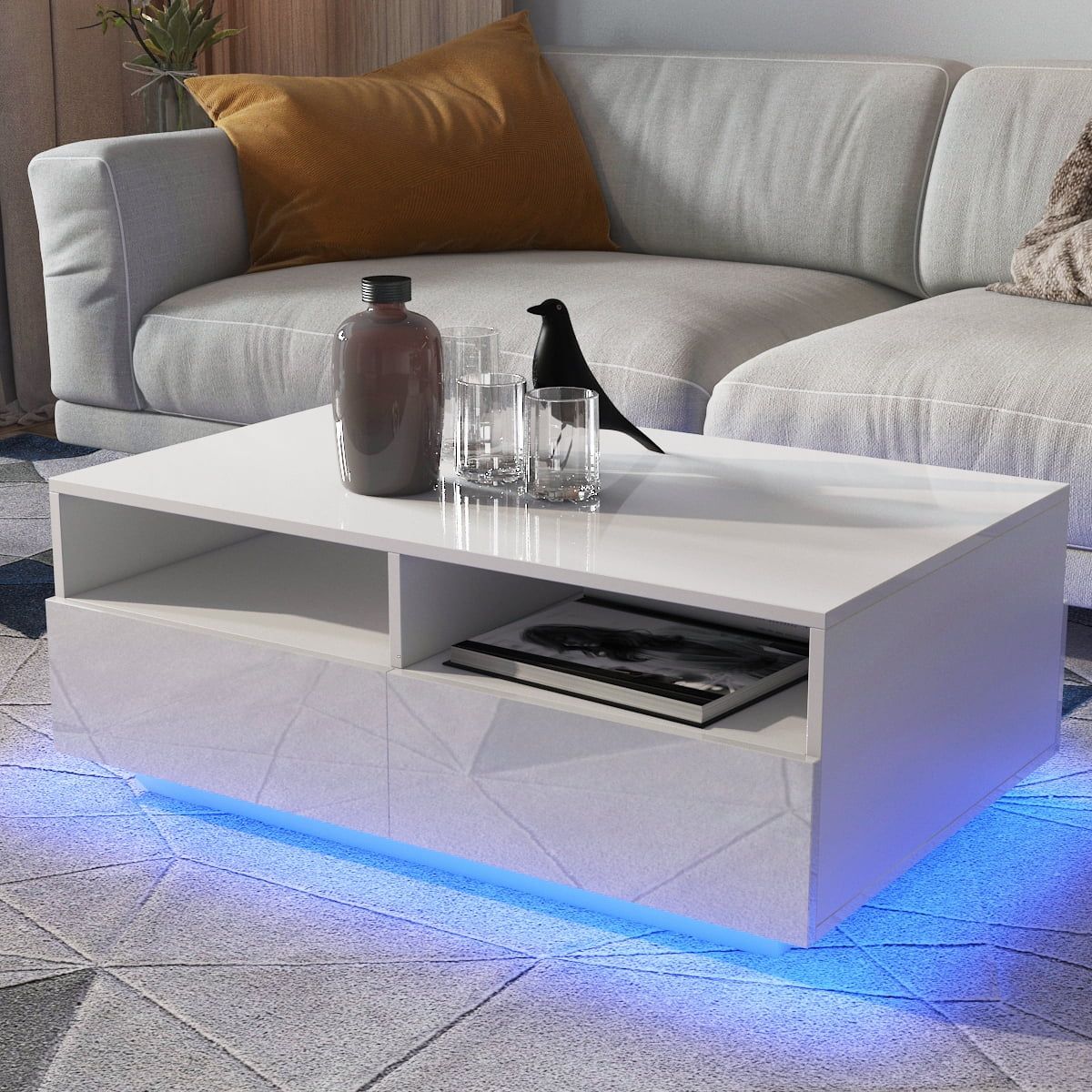 High Gloss Coffee Table LED Coffee Centre Table with Storage for Living Room, White - Walmart.com | Walmart (US)