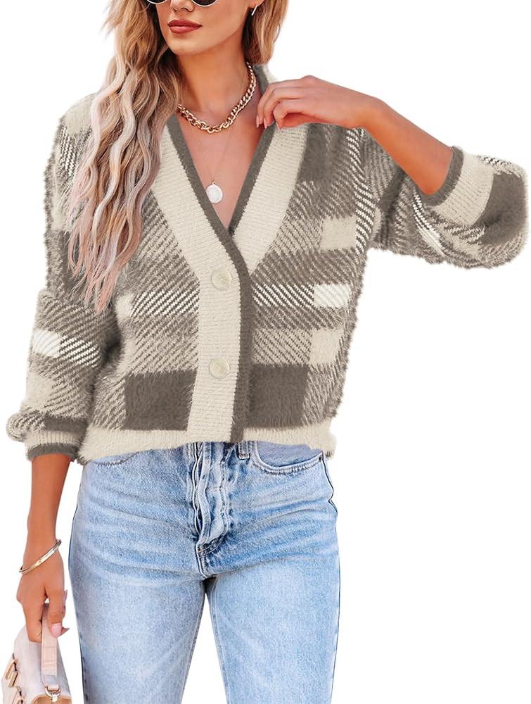 Imily Bela Womens Cardigan Sweaters Plaid Fuzzy Knit V Neck Button Down Long Sleeve Cozy Cardigan... | Amazon (US)