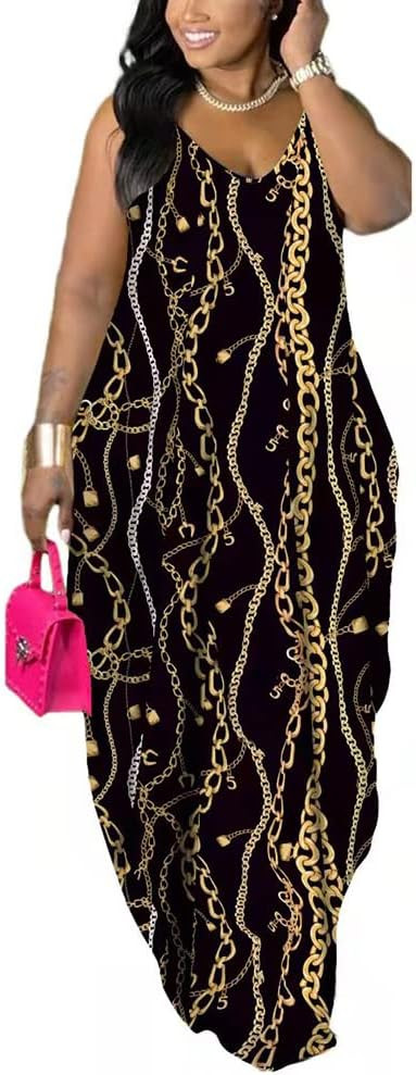 BFFBABY Womens Summer Suspender Maxi Dress Plus Size Striped Printed Sleeveless with Pockets and ... | Amazon (US)