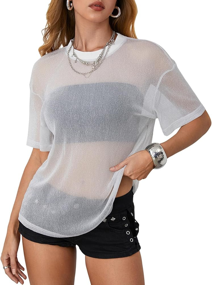 OYOANGLE Women's Sparkly Glitter Rave Concert Outfits Going Out Top Short Sleeve See Through Blou... | Amazon (US)