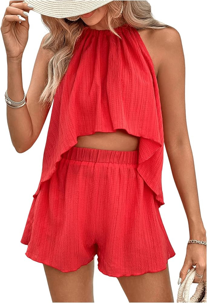 SOLY HUX Women's Summer 2 Piece Outfits Sleeveless Halter Crop Tops and Shorts Sets | Amazon (US)