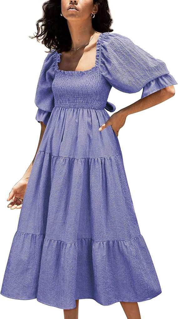 UIMLK Women's Puff Sleeve Smocked Gingham Off The Shoulder Back Bow Tie Flowy Cottagecore Bohemia... | Amazon (US)