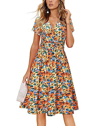 Newshows Sundresses for Women Casual Beach Vacation Outfits 2025 Summer Spring Short Sleeve V-Neck Faux Wrap Midi Dress with Pockets(Floral 29,X-Large) | Amazon (US)