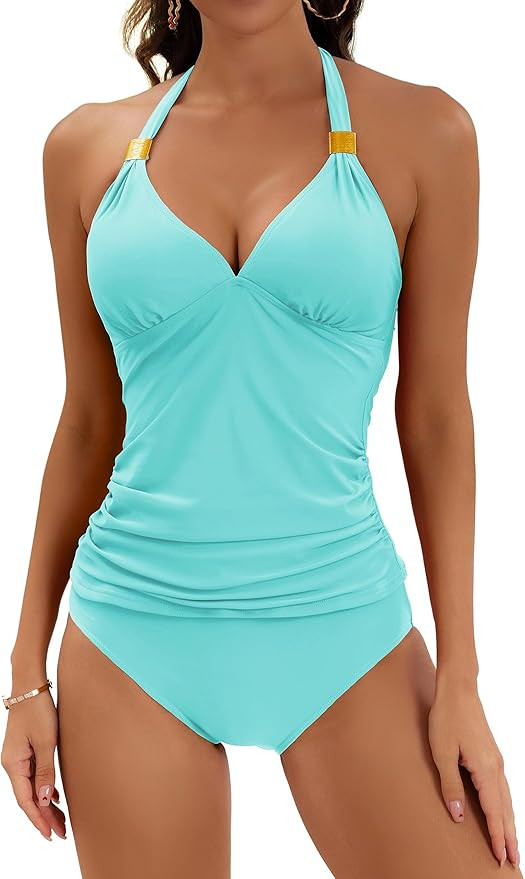 B2prity Halter Tankini Swimsuit for Women Tummy Control Two Piece Bathing Suit V Neck Swimwear wi... | Amazon (US)