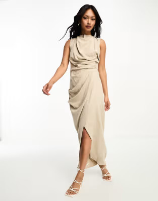 ASOS DESIGN linen drape midi dress with wrap skirt in stone | ASOS (Global)