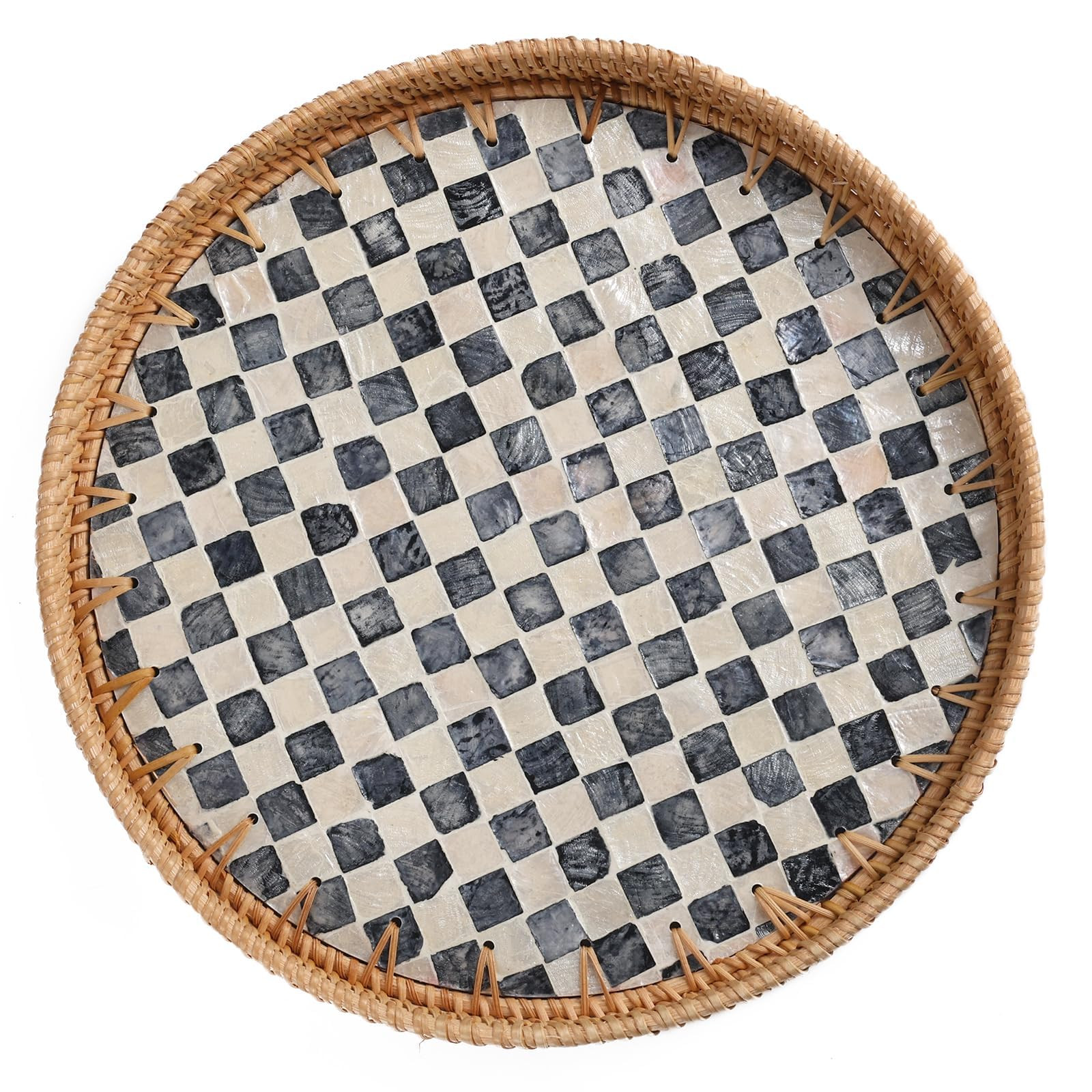 Round Rattan Tray with Mother of Pearl Inlay, Rattan Serving Tray for Coffee, Bread, Fruits, Deco... | Amazon (US)