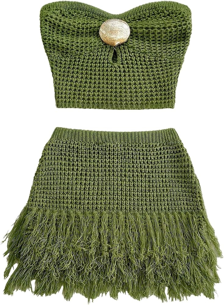 GORGLITTER Women's Crochet Going Out Outfits Metal Seashell Strapless Crop Tube Top Fringe Mini S... | Amazon (US)