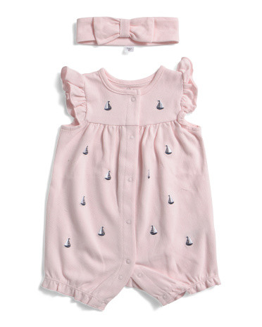 Newborn Girls 2pc Pique Embroidered Sailboat Romper Set | Marshalls