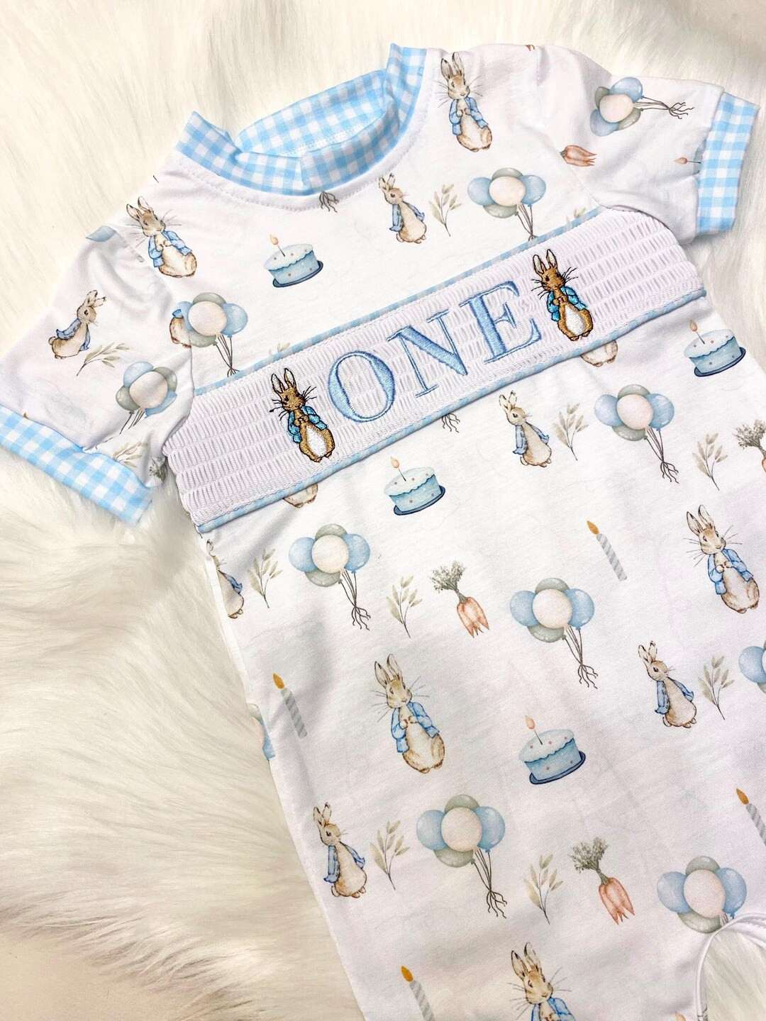 Some Bunny is ONE First Birthday Boy Outfit Smocked Bubble Romper Peter Rabbit Spring Baby Boys B... | Etsy (US)