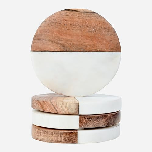 Round Marble & Wooden Coasters – Set of 4 Alabaster Marble and Wood Coasters, 4x4x2 Inches, Ideal for Drinks, Beverage, Tea, Coffee, Bar Tables & Home Decor - Housewarming Gift | Amazon (US)