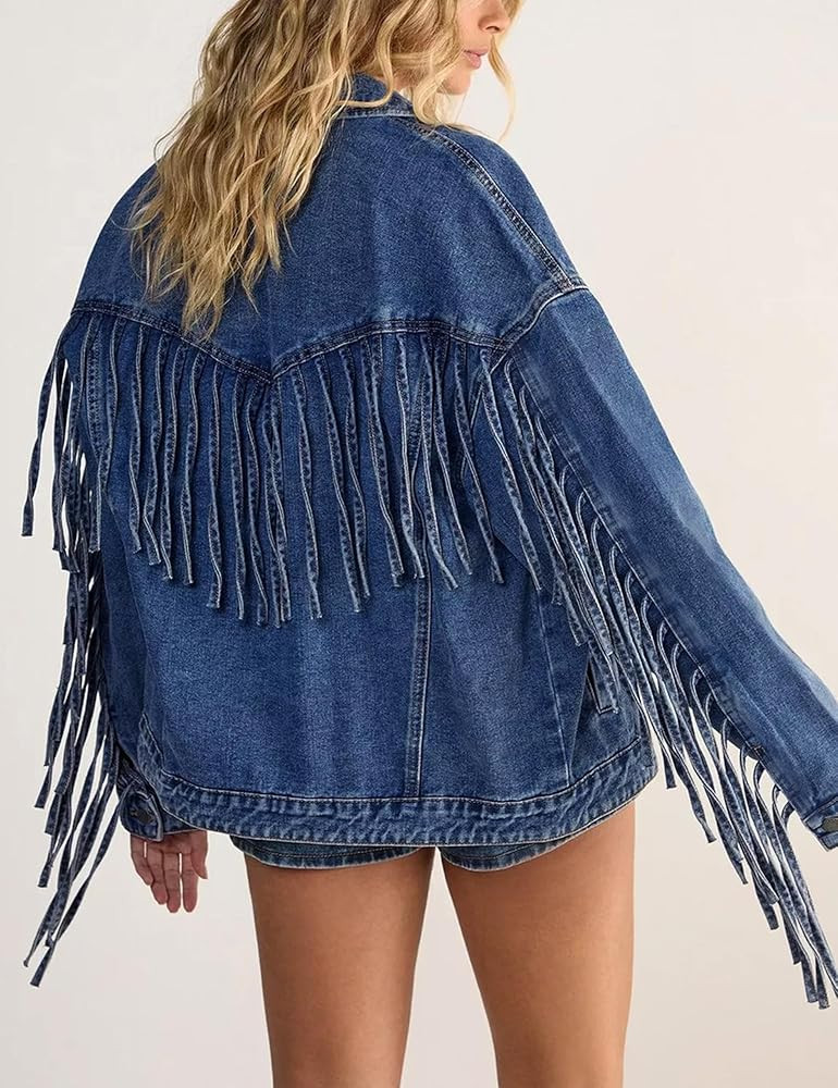 Omoone Women's Oversized Denim Fringed Jacket Tassel Jean Jackets Cowgirl Western Country Concert... | Amazon (US)