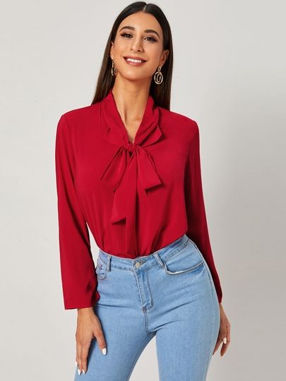 Solid Tie Neck Long Sleeve Blouse | SHEIN