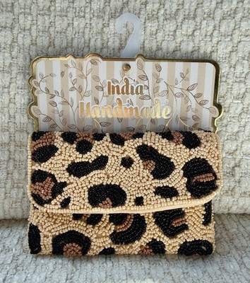 India Handmade Beaded Leopard Coin Purse Tan Black Bag NWT | eBay US