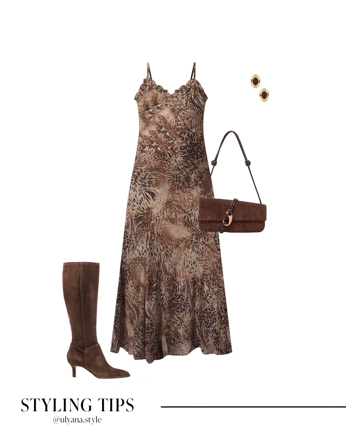 Effortless fall style 🍂 Wearing a ruffle taupe maxi dress paired with suede brown knee high boots, a matching suede shoulder bag, and chic statement earrings. This neutral fall outfit is perfect for a winery day, fall wedding guest look, brunch with friends, or even a cozy date night outfit. 🍷🤎
.
.
.
.
.
.
#LTKFallSale #LTKSeasonal #LTKU #LTKSaleAlert #LTKFindsUnder50 #LTKFindsUnder100 #LTKStyleTip #LTKShoeCrush #LTKItBag #LTKWedding 

Fall outfit | fall dress | fall boots | dress and boots | dinner dress | dresses for wedding guest | dress for date night | long dress | occasion dress | leopard dress | ruffle dress | brown boots | suede boots | knee high boots | fall bags | brown bag | brown shoulder bag | suede bag |  outfit ideas | outfit inspo | 