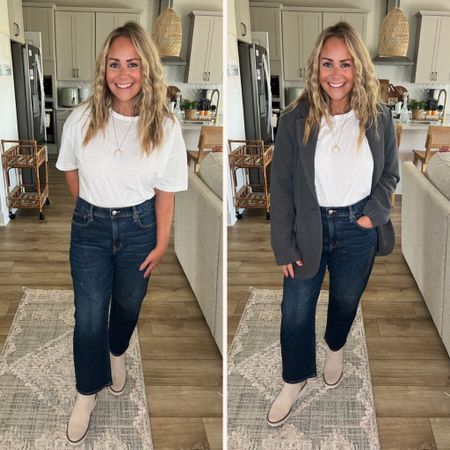 MIDSIZE APPROVED ✅ workwear outfit idea! 
✨25% OFF SITEWIDE during the #LTKFallSale✨  I've put together an outfit featuring American Eagle's Dark Denim Jeans in a size 12 (short), paired with a White Aerie T-shirt in a Large. To transition this outfit from casual to corporate, I've layered it with the AE Boyfriend Blazer.

#midsize #curvy #midsizestyle #fallfashion #appleshape #pearshape abercrombie midsize jeans work from home outfits workwear outfit inspo workwear ideas midsize office outfits

#LTKSale #LTKmidsize #LTKstyletip