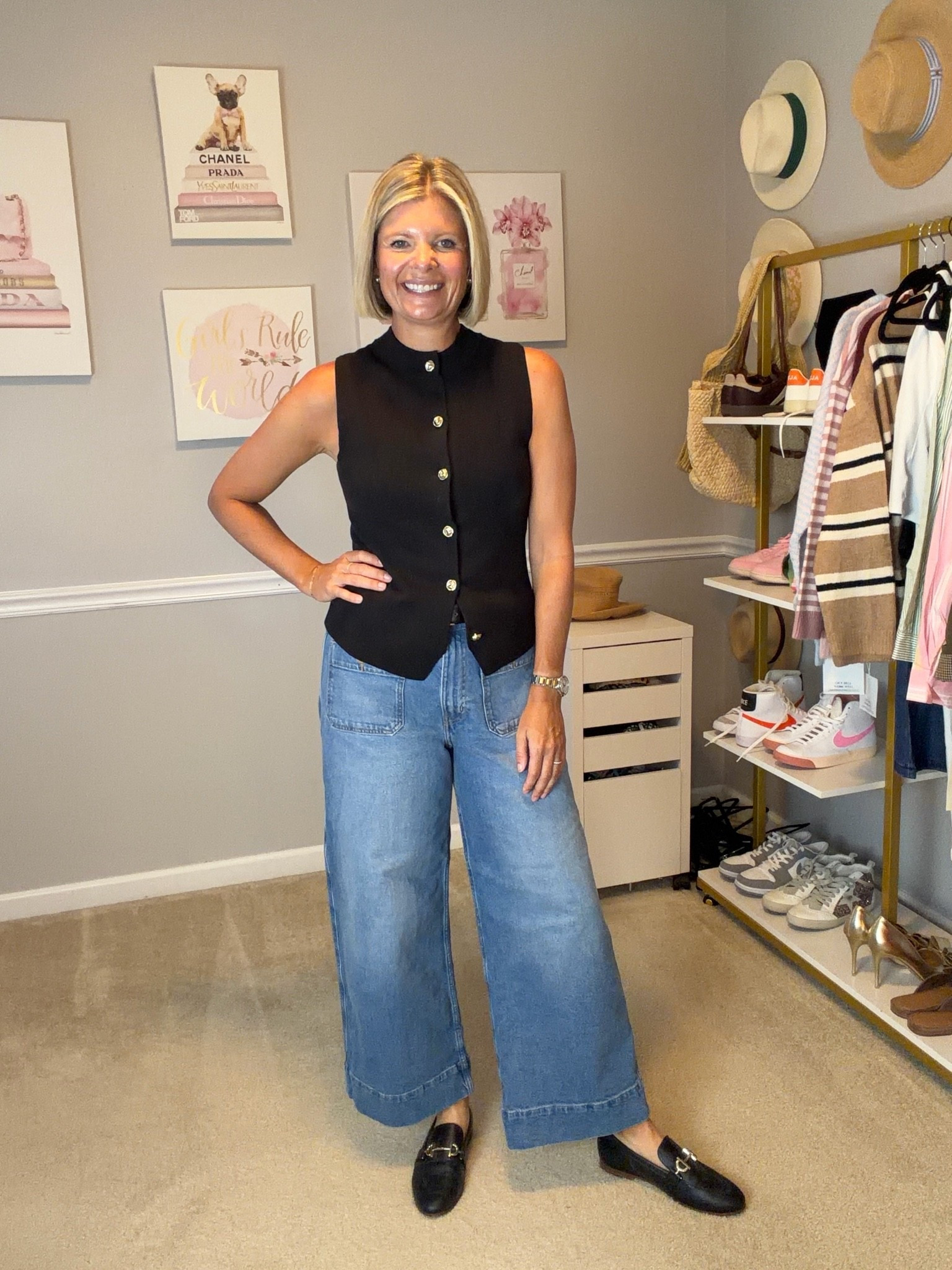 Black button down sleeveless sweater TTS
High rise wide leg cropped jeans TTS
Black leather loafers TTS

#LTKOver40 #LTKMidsize #LTKWorkwear