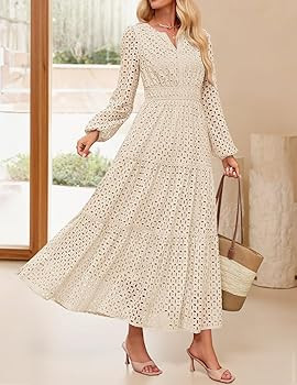 ZESICA Women's 2026 Spring Long Sleeve Maxi Dress V Neck Hollow Out Eyelet A Line Long Flowy Casu... | Amazon (US)
